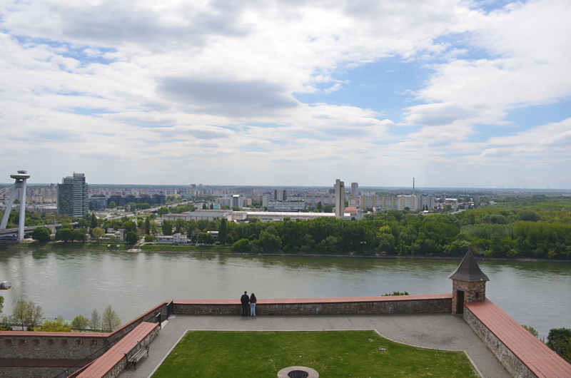 Panoramic view over the Danube River from the elevated grounds of Bratislava Castle
